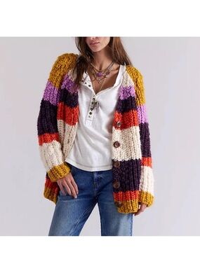 Chunky Striped Open Front Cardigan Sweater - Multicolor